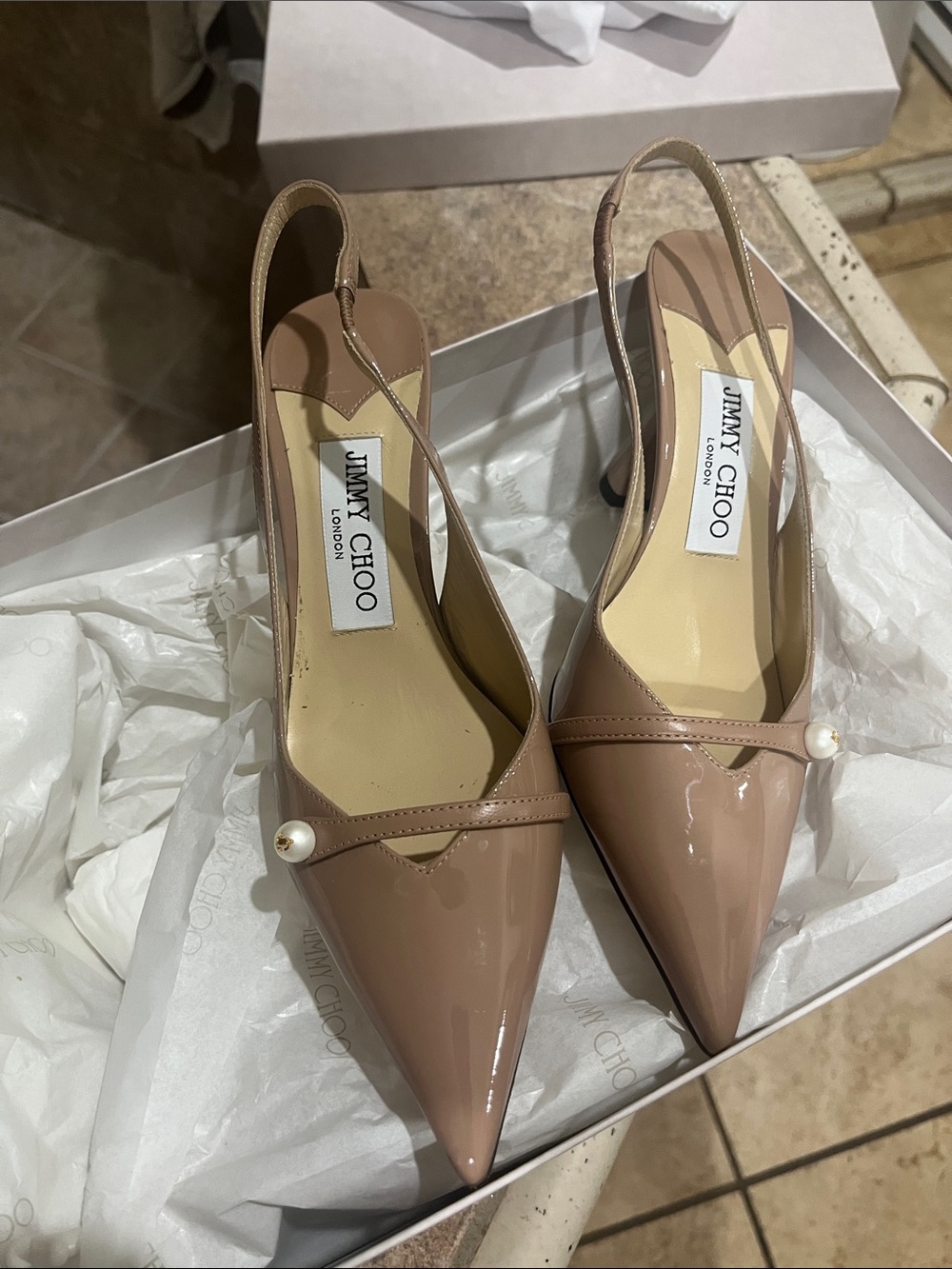 Jimmy Choo Nude Patent Leather Slingback Pumps - Picture 3 of 8